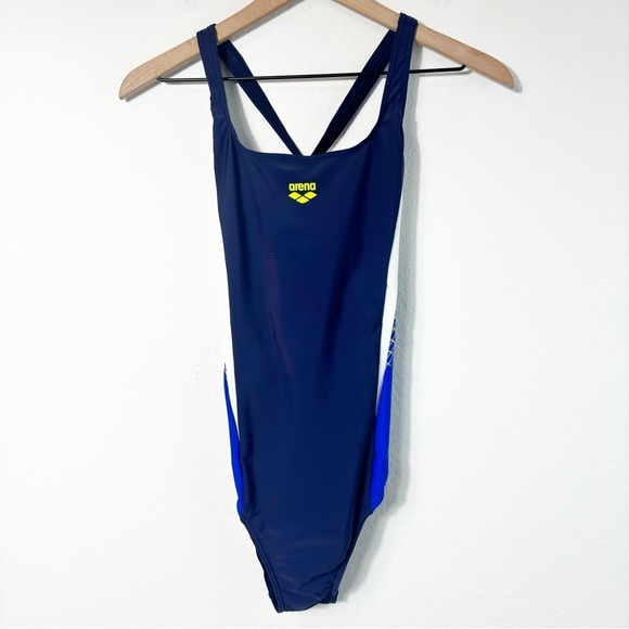 ARENA W THREEFOLD V BACK ONE PIECE NAVY NEON BLUE WHITE WOMEN SIZE 40 NWT - Picture 4 of 8